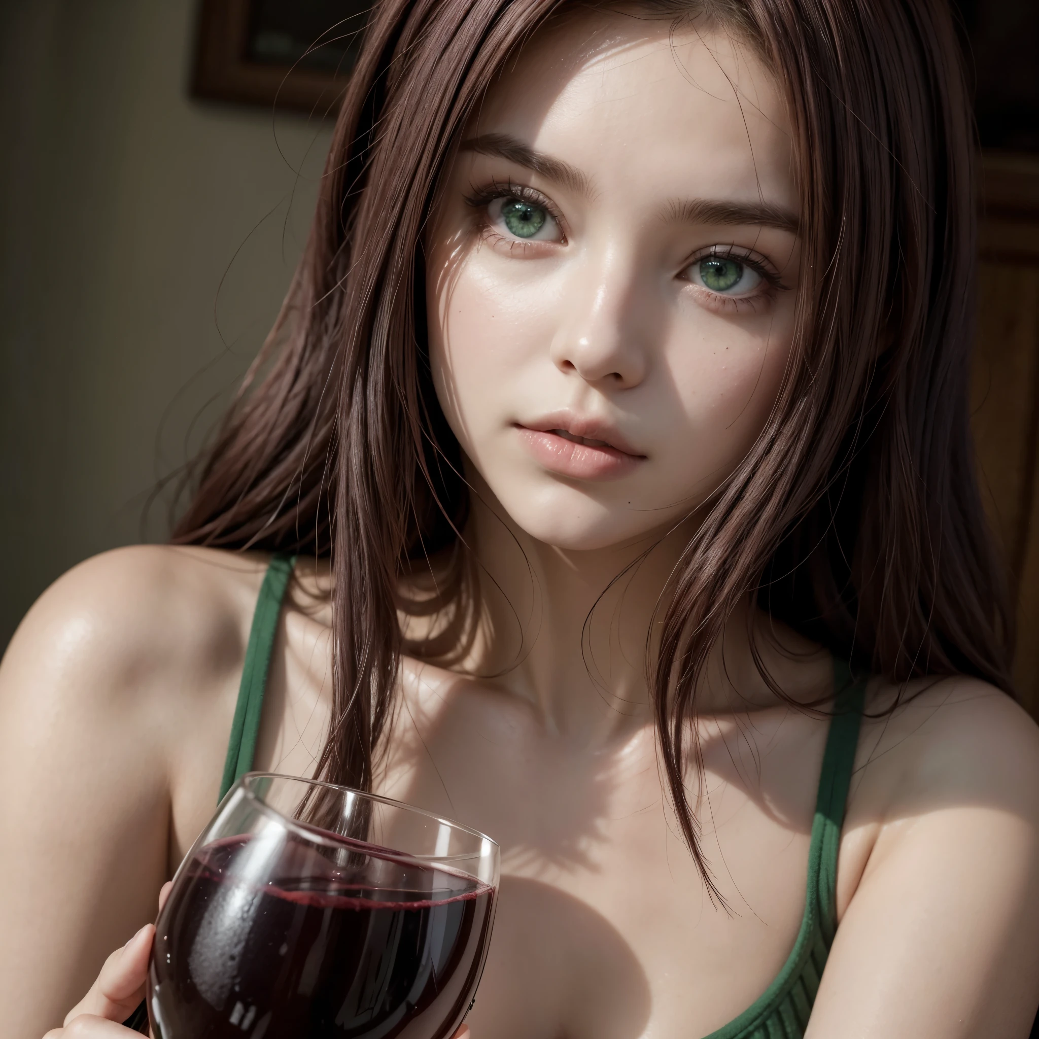 Hot girl, wine color hair, green eyes, kissing