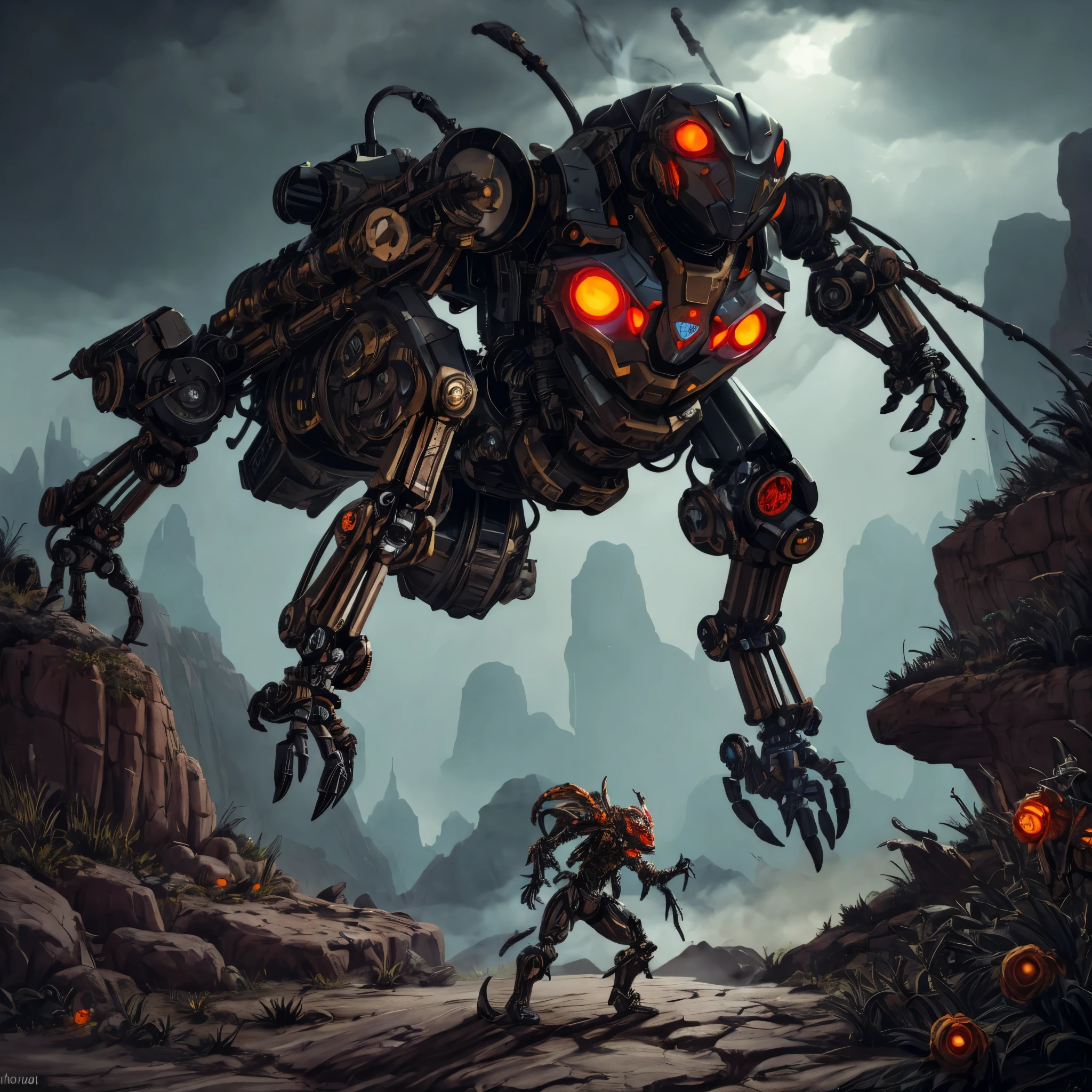 (a steam punk, robot, monster hunter),creepy spider scorpions,rocky canyon,Boris Valejo,illustration,high-res,(best quality,4k,8k,highres,masterpiece:1.2),detailed,grimy,machine-powered armor,battle,action-packed,fierce,dangerous,giant metal fists,glowing eyes,steampunk goggles,heavy artillery,mechanical limbs,sharp metallic edges,exhaust pipes,smoke,unique weaponry,leather straps,dusty atmosphere,mysterious mist,ominous shadows,artificial intelligence,advanced technology,extraordinary power,high contrast color scheme,underground lair,dystopian setting,post-apocalyptic world,intense battle scene,contrasting light sources,explosive action,impressive attention to detail,gritty texture,industrial elements,mechanical contraptions,iron chains,spider-like legs,creepy exoskeleton,monstrous creatures,pulsating venomous stingers,battle-scarred landscape,splintered rocks,jagged cliffs,uneven terrain,majestic sky,ominous dark clouds,dramatic lighting,masterful brushwork,splashes of vibrant color,dynamic composition,odyssey of human imagination,endless possibilities