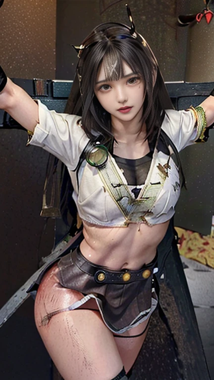 highest quality,masterpiece,Ultra-high resolution, Very detailed, 8k,(Beautiful woman),(一人のBeautiful woman),((Crucifixion:1.5)),(((cross))),(execution),((incontinence)),Scared,torture,slave,((crossにCrucifixionにされた女性:1.5)),Crucifixion刑,((Kamen Rider:1.4)),Female warrior uniform,White gloves,Female Rider,Large Breasts、((Torn costume:1.5)),((Tearing of clothes:1.5)),(Tattered clothes:1.5),Beaten face,顔にTraces of being beaten,((Bruises on the body)),Body scars,Facial and body injuries,(Bruise, dirty, Torn clothes, Revealing clothing, Blood:1.3),Traces of being beaten,Defeated heroine,A ruined world,Remains,ruins,(Burning at the stake),((Roasted by fire:1.2)),Inflammation,(Inflammationに包まれている),足下にInflammation,Browsing Caution