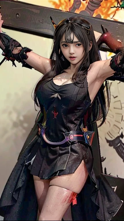 highest quality，masterpiece，Ultra-high resolution, Very detailed, 8k，(Beautiful woman)，(一人のBeautiful woman)，((Crucifixion:1.5))，(((cross)))，(execution)，((incontinence))，Scared，torture，slave，((crossにCrucifixionにされた女性：1.5)),Crucifixion刑，((Kamen Rider:1.4))，Female warrior uniform，White gloves，Female Rider，Large Breasts、((Torn costume：1.5))，((Tearing of clothes：1.5))，(Tattered clothes：1.5)，Beaten face，顔にTraces of being beaten，((Bruises on the body))，Body scars，Facial and body injuries，(Bruise, dirty, Torn clothes, Revealing clothing, Blood:1.3)，Traces of being beaten，Defeated heroine，A ruined world，Remains，ruins，(Burning at the stake)，((Roasted by fire：1.2))，Inflammation，(Inflammationに包まれている)，足下にInflammation，Browsing Caution