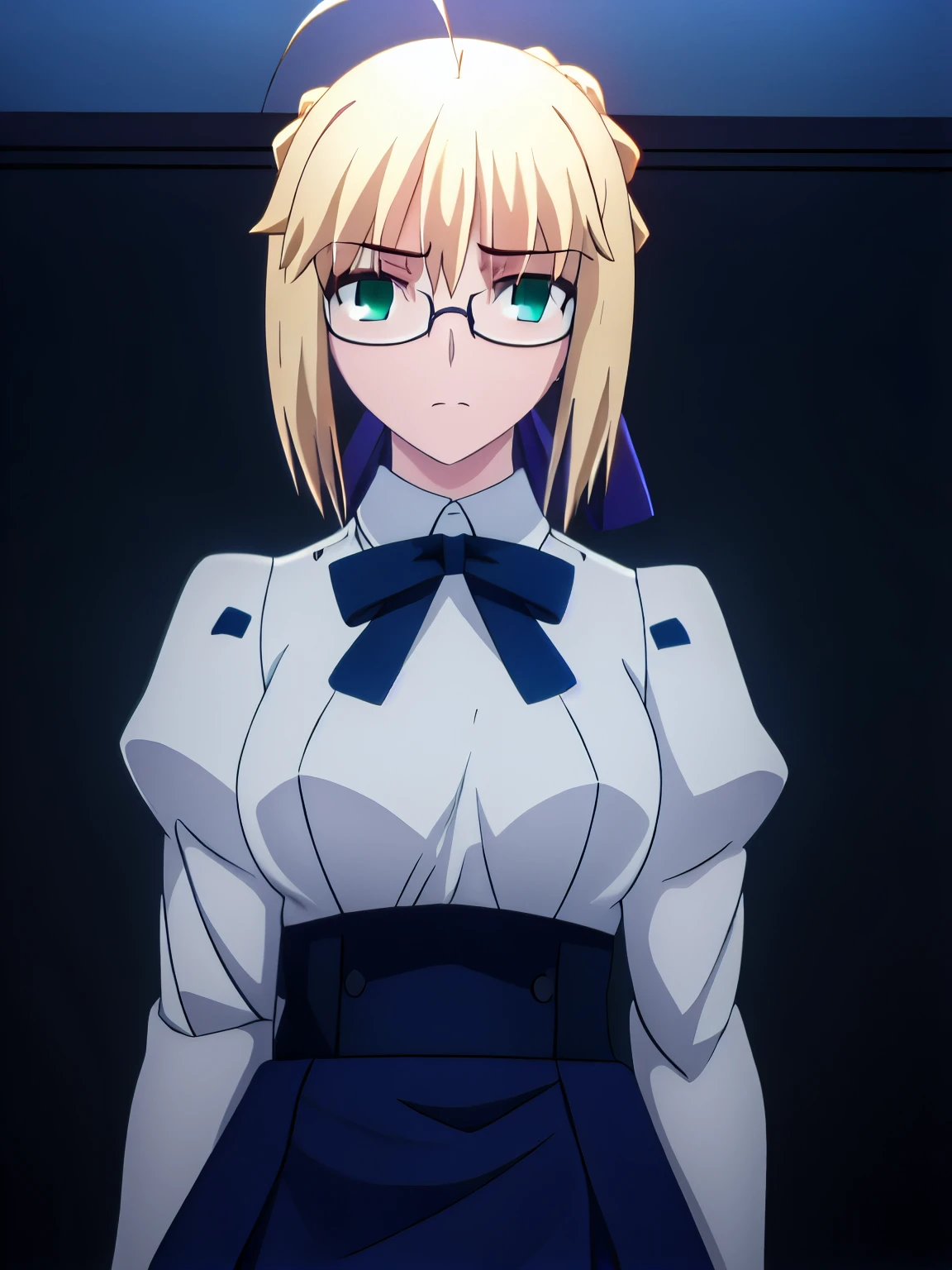 best quality, masterpiece, highres, details, official, ray_tracing_graphic, solo, adult_female, {saber_fatestaynightufotable:1.15}, blonde_hair, little_ahoge, france_braid, green_eyes, blue_ribbon, 1girl, anime_coloring, upper_body, kuudere_face, five_fingers, blush, blue_glasses, large_breasts, teacher_outfit, blue_skirt, from_the_front, sit, dark_room, night_time, glowing_eyes
