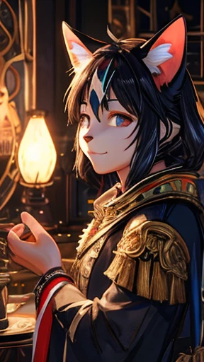 Cat Beastman、（サードアイのgirl）、highest quality、masterpiece、Ultra-high resolution、(Realistic:1.4)、Crisp and beautiful image quality、alone、girl、Forehead gem、Machinery Armor、cat ears girl、Third Eye、smile、close your eyes