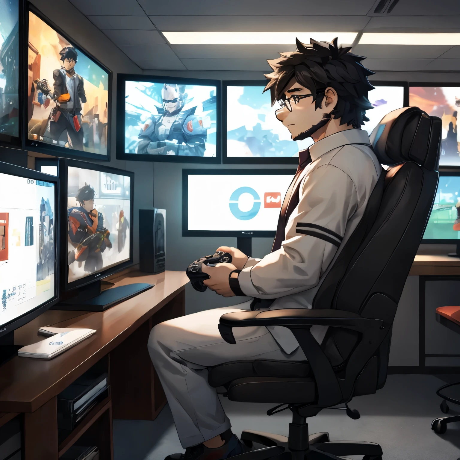 A man with glasses and black hair holding a video game controller sitting on a chair with many TV screens and computers behind him
