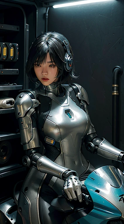 woman in futuristic suit sitting on motorbike, cyberpunk art, fantasy art, perfect android girl, girl in mecha cyber armor, cute girl, android heroine, wearing armor Sci-fi military, bright lighting, shiny metallic armor, extremely detailed mechanical backdrops