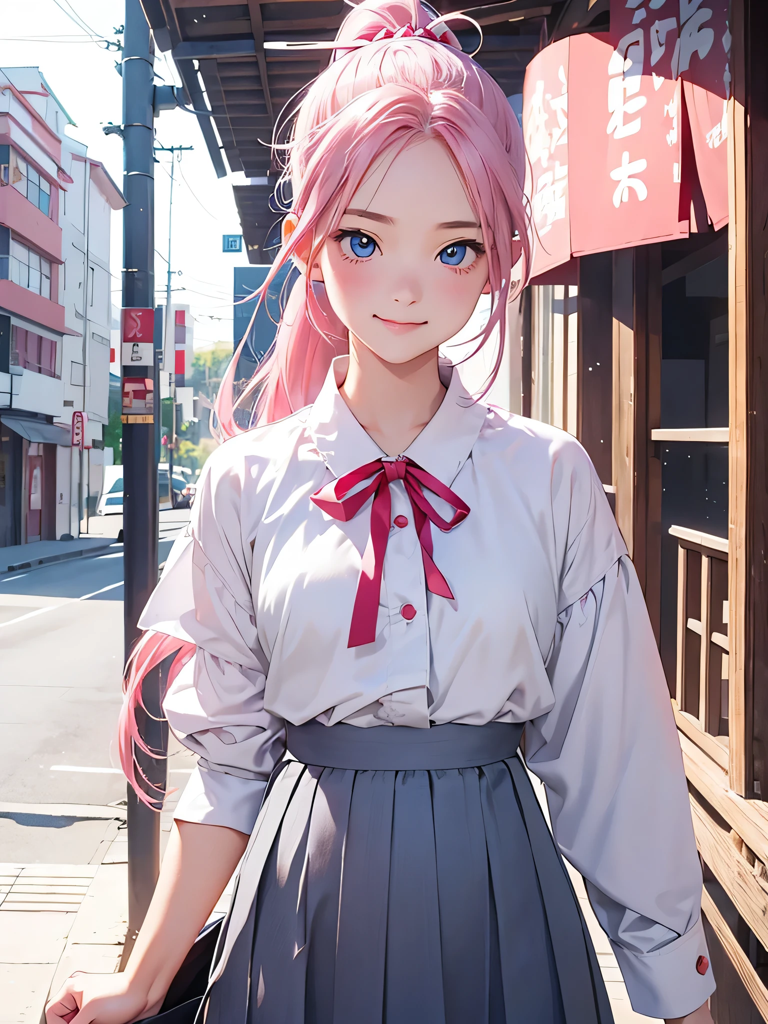 highest quality、Realistic、girl、Japanese、zoom、look up、cute、smile、Blue Eyes、Pink hair、ponytail、White blouse、Red ribbon、Gray culotte skirt、slender、Small breasts、Face close-up