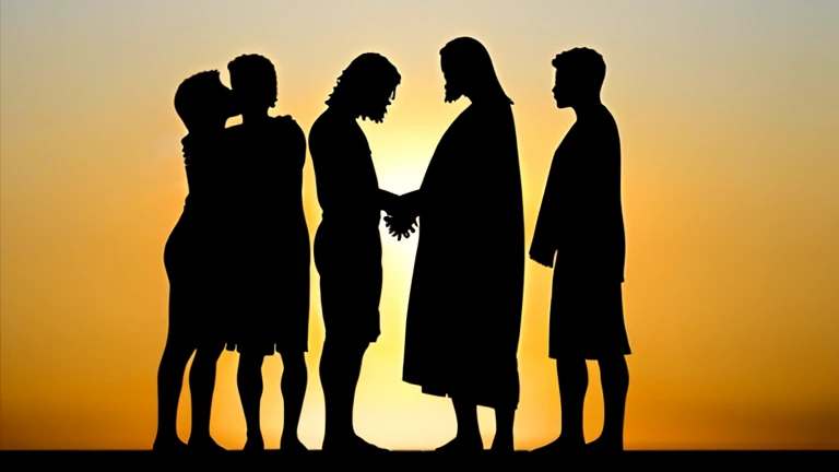 Image: A silhouette of Jesus embracing his disciples, conveying the enduring nature of love.
Prompt: Create a silhouette scene of Jesus embracing his disciples, representing enduring and faithful love.