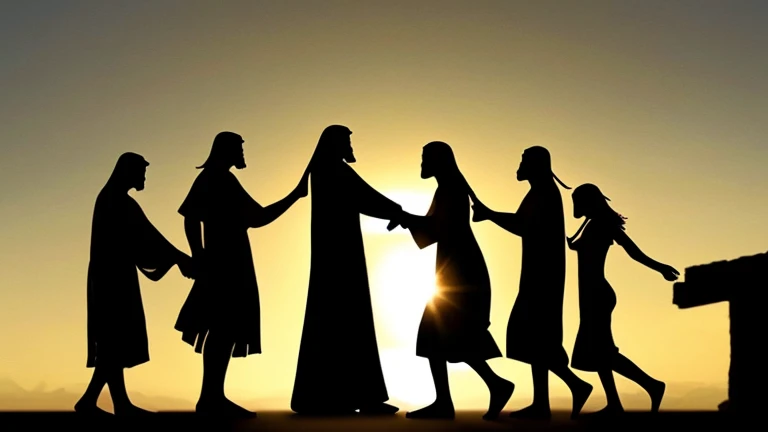 Image: A silhouette of Jesus embracing his disciples, conveying the enduring nature of love.
Prompt: Create a silhouette scene of Jesus embracing his disciples, representing enduring and faithful love.