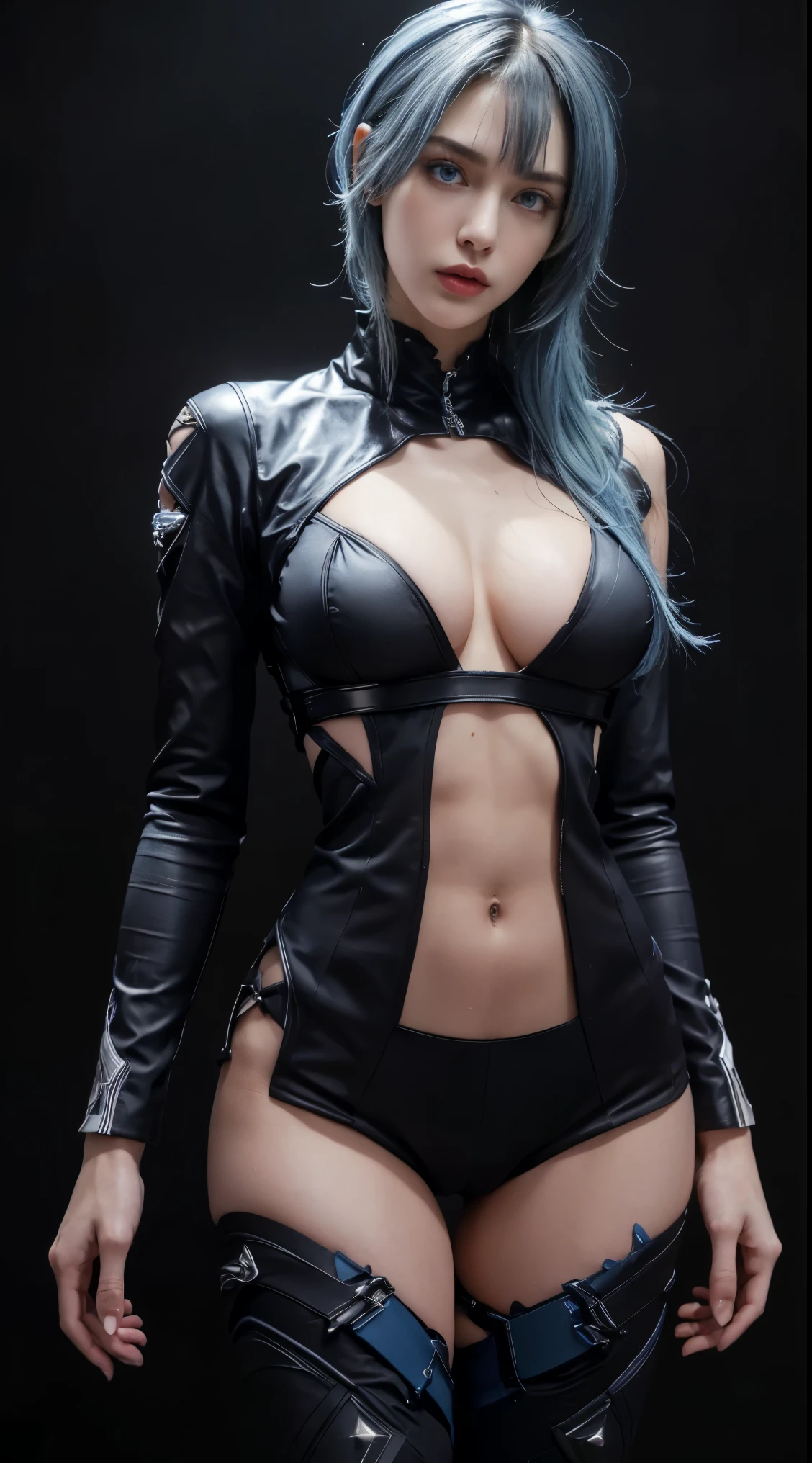 8K, Top Quality, Intricate Details, Ultra Detail, Ultra High Resolution, Masterpiece, close up shot, (full body: 1.1), Slender, Smile, (Makeup: 0.4), (Fluffy Blue Eyes: 1.21), (()), 1girl, solo, 1 girl, ((blue hair, bangs)), close up shot, , ((tall)), (((fit body))), (((slim face))), sharp face, (()) ,(detailed face), sharp face, small lips, , , ,
((, )), , ((cyber suit, cyberpunk suit, neon suit)), detailed face, detailed breast, , ((large breast, huge , , Narrow Waist, Skinny, tall , 190 cm tall, Muscular, Navel, Exposed Abdomen, Pointed Chest,, Beautiful girl with accentuated slender abs: 1.4, Six Pack Abs: 1.4, Bust Botox, Big, Perfect Body, detail leg, (( dark background)), black background,