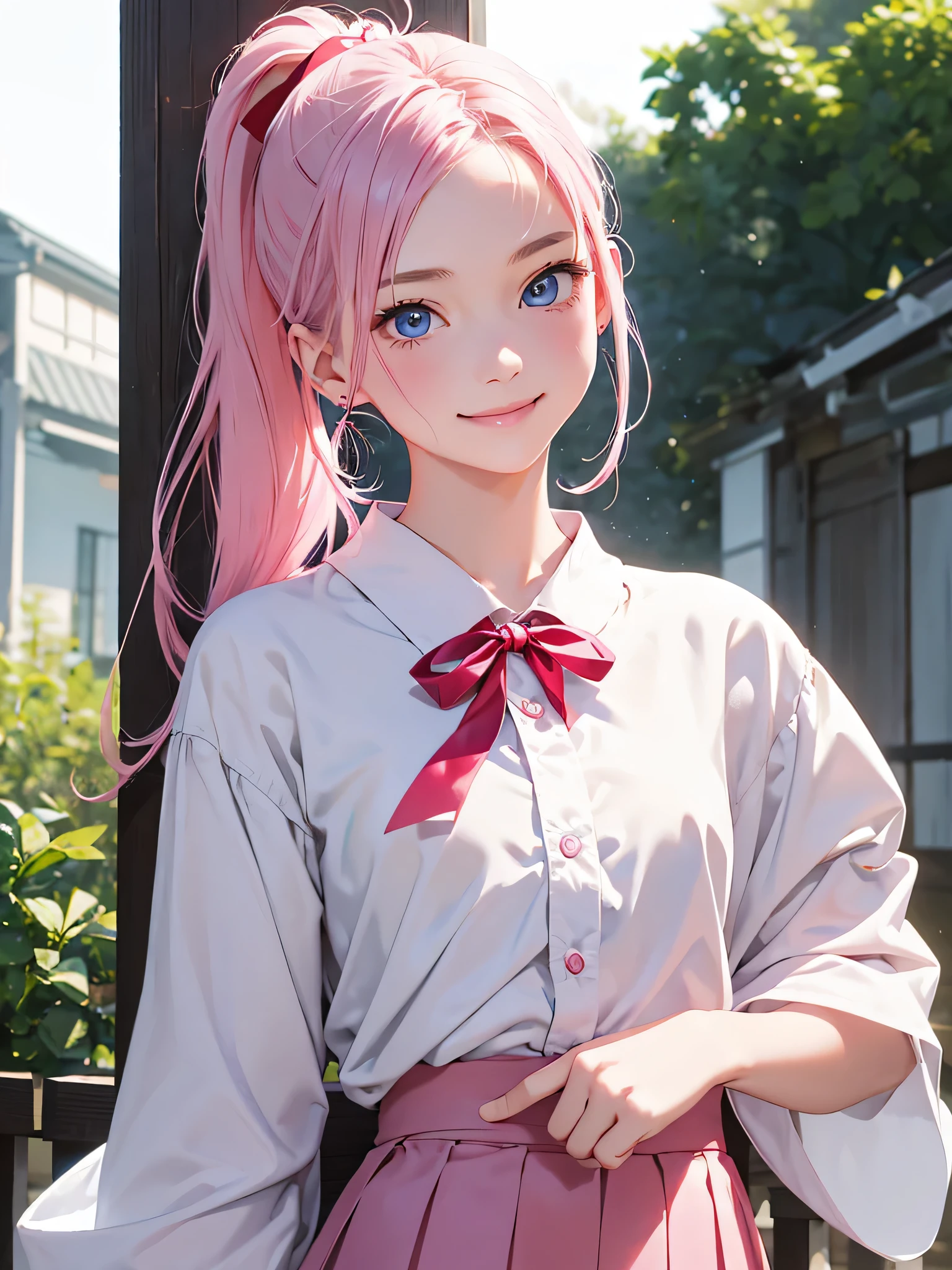 highest quality、Realistic、girl、Japanese、zoom、look up、cute、smile、Blue Eyes、Pink hair、ponytail、White blouse、Red ribbon、Gray culotte skirt、slender、Small breasts、Face close-up