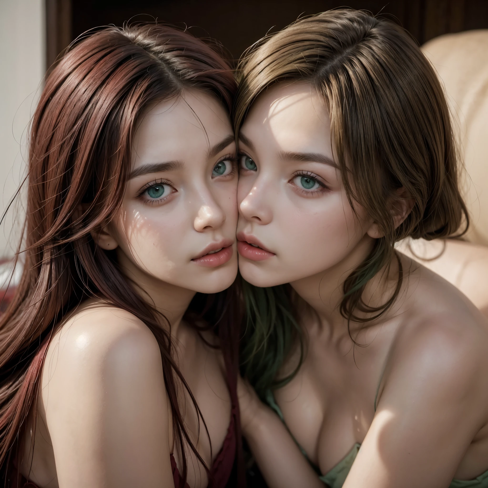 Hot girl, wine color hair, green eyes, kissing on the mouth