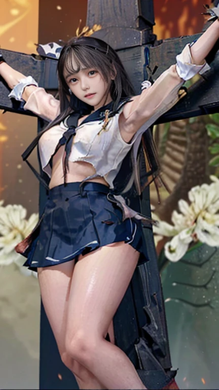 highest quality，masterpiece，Ultra-high resolution, Very detailed, 8k，(Beautiful woman)，(一人のBeautiful woman)，((Crucifixion:1.5))，(((cross)))，(execution)，((incontinence))，Scared，torture，slave，((crossにCrucifixionにされた女性：1.5)),Crucifixion刑，((sailor macuri:1.4))，Sailor Warrior Uniforms，White gloves，Blue Skirt，Blue Boots，Large Breasts、((Torn costume：1.5))，((Tearing of clothes：1.5))，(Tattered clothes：1.5)，Beaten face，顔にTraces of being beaten，((Bruises on the body))，Body scars，Facial and body injuries，(Bruise, dirty, Torn clothes, Revealing clothing, Blood:1.3)，Traces of being beaten，Defeated heroine，A ruined world，Remains，ruins，(Burning at the stake)，((Roasted by fire：1.2))，Inflammation，(Inflammationに包まれている)，足下にInflammation，Browsing Caution