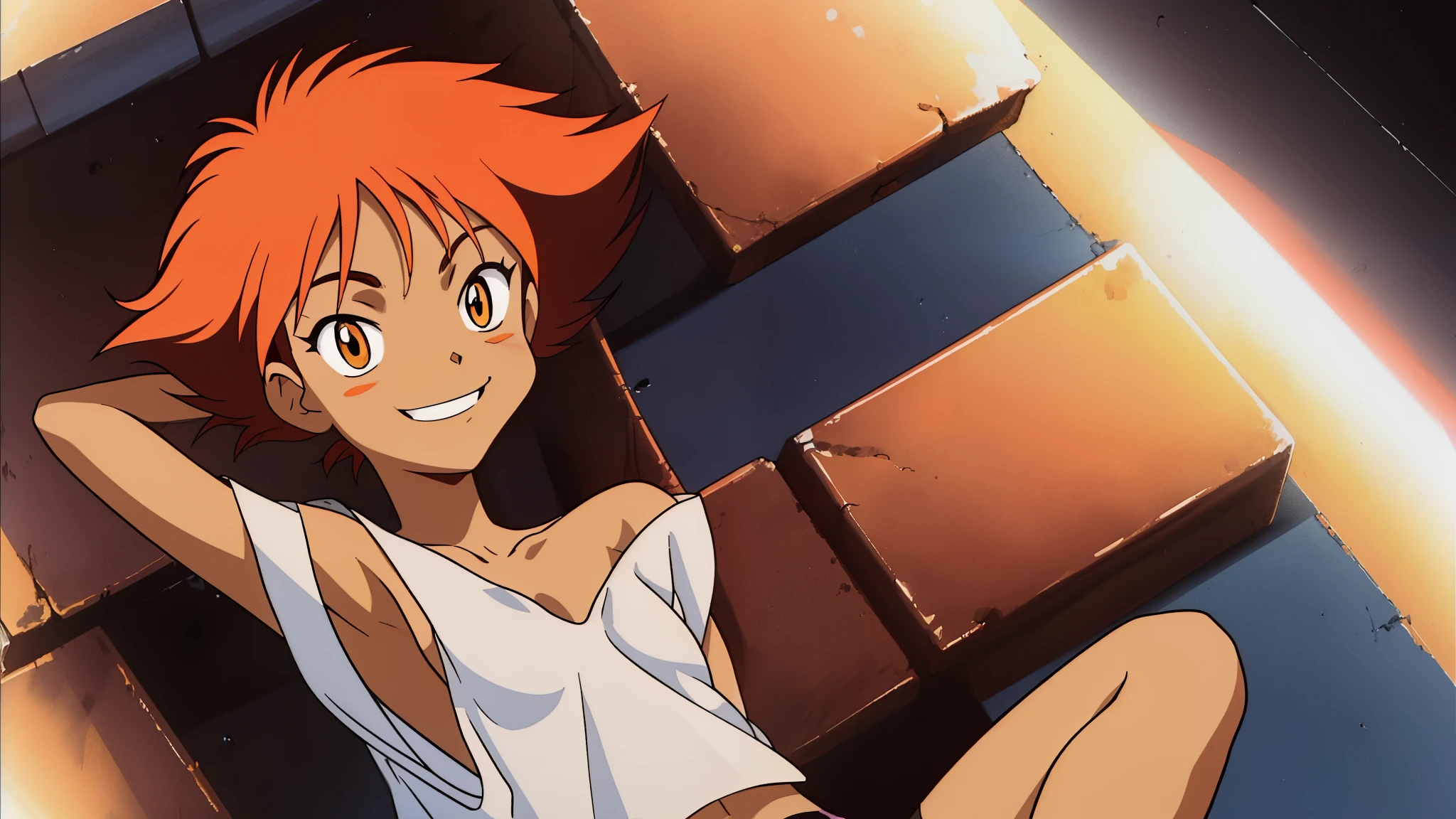 Edward,midriff,orange hair,white shirt,off shoulder,collarbone,tan skin, bike shorts,goggles on forehead, arms behind head, small breasts, cleavage, brown eyes, space station,engine room, upper body,sitting,smiling, (insanely detailed, beautiful detailed face, masterpiece, best quality),