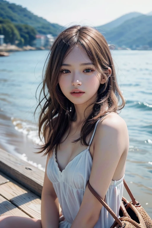(8k, highest quality, masterpiece:1,2), (Realistic, Photorealistic:1.37), Super Detail, One Girl,), (Very detailedな), (Beautiful and detailed eyes), (highest quality), (Very detailed ), (masterpiece), (Detailed face),20-year-old, ,1 girl, whole body, Golden Hair,Very long hair, Medium chest, Dressed, Perfect lighting,View your viewers, Kind Face, summer, There are waves, swim, sun
