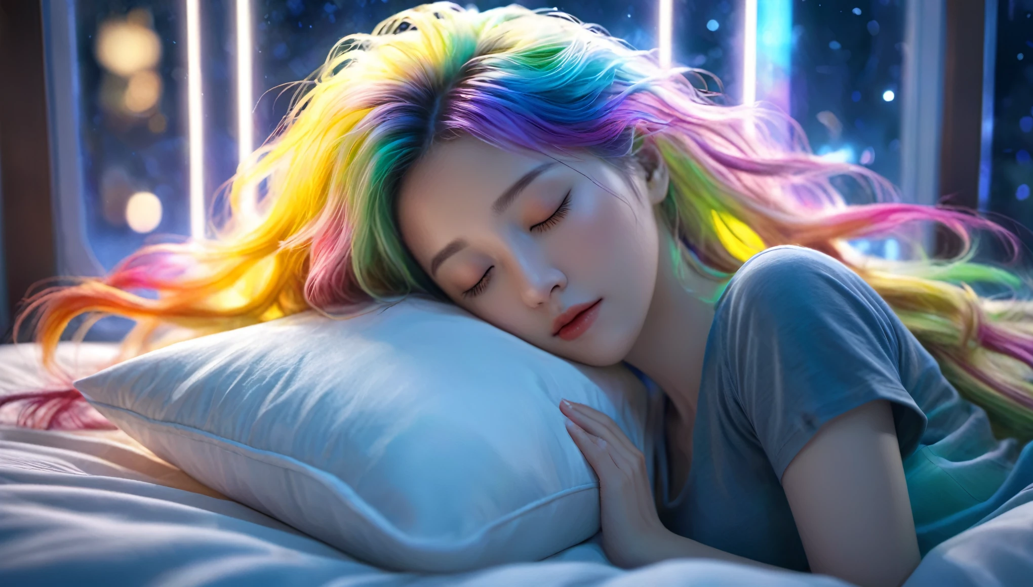 (best quality,8k,ultra-detailed:1.2),(CG,CG art,3D rendering),(masterpiece:1.2),(movie lighting,futuristic),(woman lying in bed,sleeping,closed eyes),(large window behind her,tranquil night),(colorful hair:1.5)
