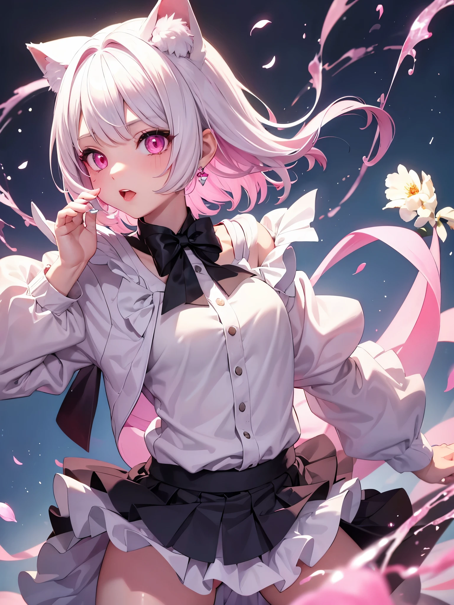 White hair. Short hair. Inner pink hair. Anime girl. Asian girl. Ulzzang. Pink eyes. Glowing eyes. Nekomimi.  