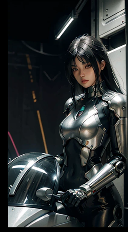woman in futuristic suit sitting on motorbike, cyberpunk art, fantasy art, perfect android girl, girl in mecha cyber armor, cute girl, android heroine, wearing armor Sci-fi military, bright lighting, shiny metallic armor, extremely detailed mechanical backdrops