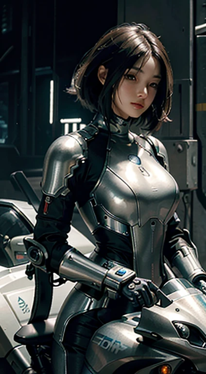 woman in futuristic suit sitting on motorbike, cyberpunk art, fantasy art, perfect android girl, girl in mecha cyber armor, cute girl, android heroine, wearing armor Sci-fi military, bright lighting, shiny metallic armor, extremely detailed mechanical backdrops
