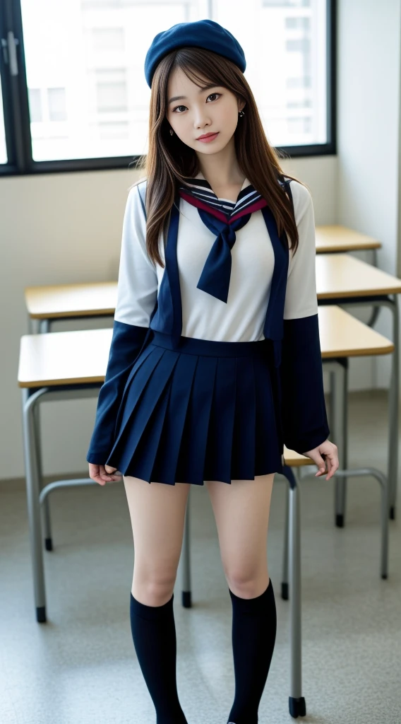mix4, 13yo, (16 K, Raw photography, Top image quality, masterpiece: 1.45), (realisitic, Photorealsitic: 1.37), one girls, 7.5, etc、Random hairstyle、Standing figure,Daytime、a very cute,Inside the school building,, profetional lighting, photon maping、physically-based renderingt, Gradient dark brown hair,Crisp backgrounds and high resolution, a handsome, Well-groomed and beautiful eyes、Large double eyelids、Very shiny、girl with, (((student clothes、Winter clothes、Sailor suit worn by Japan 、Navy blue sailor color、scarf、a miniskirt, Small beret、high socks、lowfers、Frugal bag))), Top Quality Photos, hight resolution, 1080p, (clearface), (Detailed face description), (Detailed hand description), (masterpiece), (Exquisite CG)、extreme light and shadows、dishevled hair、master work、abundant detail、(Fine facial features)、(top quality photo)、(masuter piece)、(A detailed eye)、Look in front of you、Fine clavicle、((Slender big))、(((Japan in sailor suit)))、((Idle system))、((school classrooms、chalk board、desk and chair、Window side))、(((neat and cute)))、earrings、A big smile、Drawing the whole body from the knees、Do not draw nasolabial folds、(((Long sleeve sailor suit)))、(Big breasts that hang down big:1.2)、Big buttocks with tension、Two arms and two legs、(((from the front side:0.3)))、bare hand、