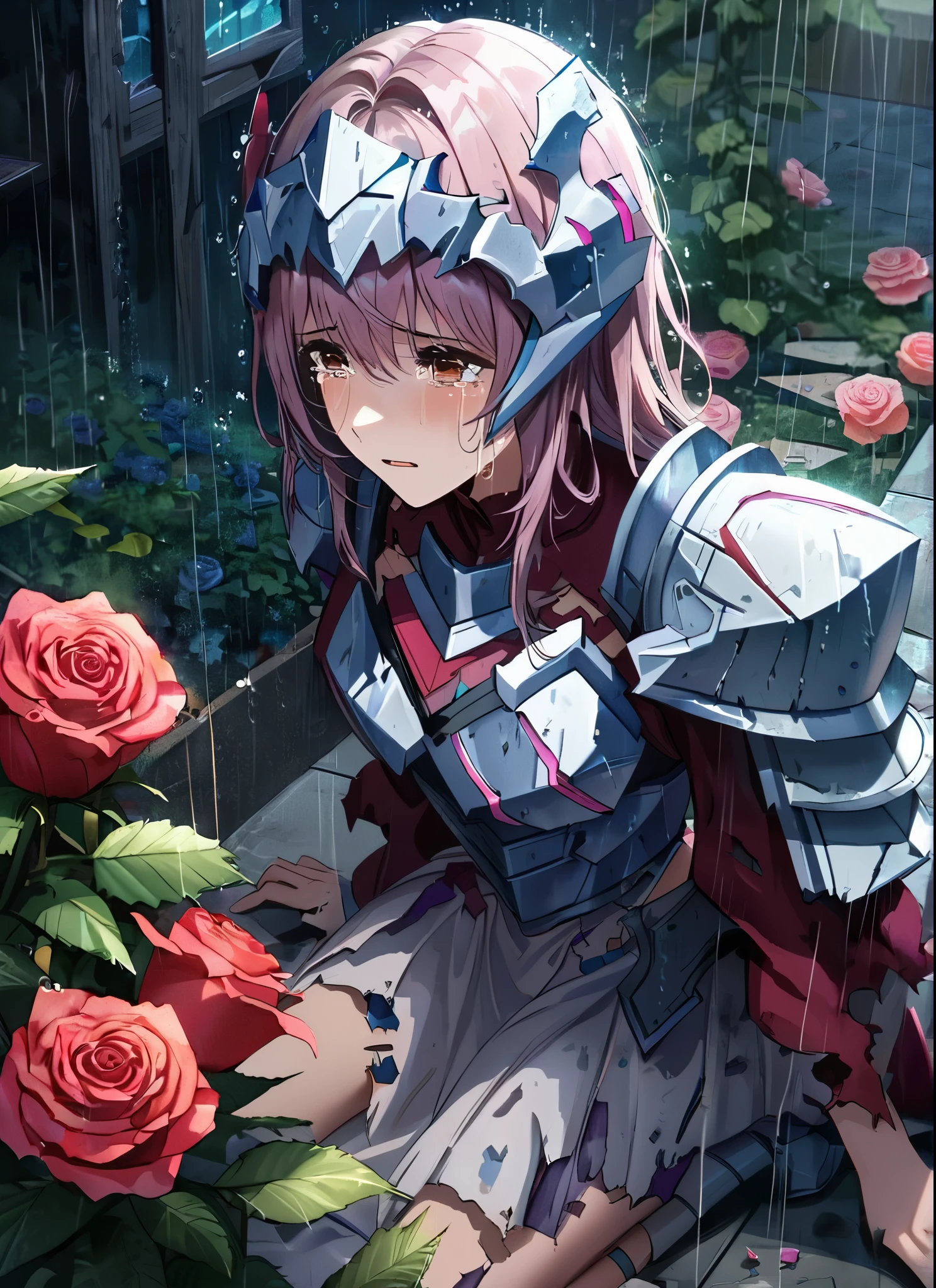 A girl, kneeling in the floor, wearing a ultra shattered and ultra broken cute  lovely armor,  lot of missing pieces, very damaged armor ,ripped clothes, broken helmet ,broken shield  and broken sword, in tears, sad, dramatic scene, tears flowing in the face, garden, roses, rain, ultra detailed face 