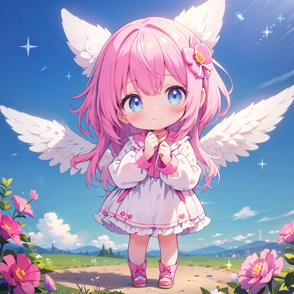 masterpiece、highest quality、Highest Resolution, 3D Rendering、The background is pink、From above at an angle、(Are standing:1.5)、Digital Art Style  Chibi, Big Head, ベビーPinkの髪，cute瞳，Adorable smile，Esbian all over、Pure、Pinkのロリータファッション、Spread the wings of love Cupid、Pink、Lovely、cute，Rosy Cheeks，Flowers sparkle，blue sky，Fantasy World，Depth of written boundary_shallow