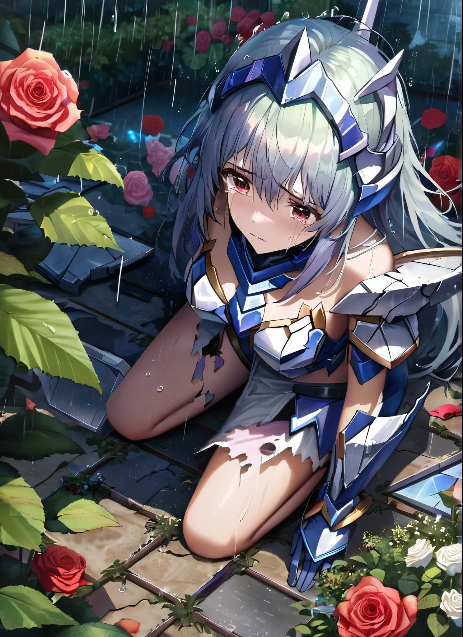 A girl, kneeling in the floor, wearing a ultra shattered and ultra broken cute skimpy princess armor, lot of missing pieces, very damaged armor ,ripped clothes, broken helmet ,broken shield and broken sword, in tears, sad, dramatic scene, tears flowing in the face, garden, roses, rain, ultra detailed face