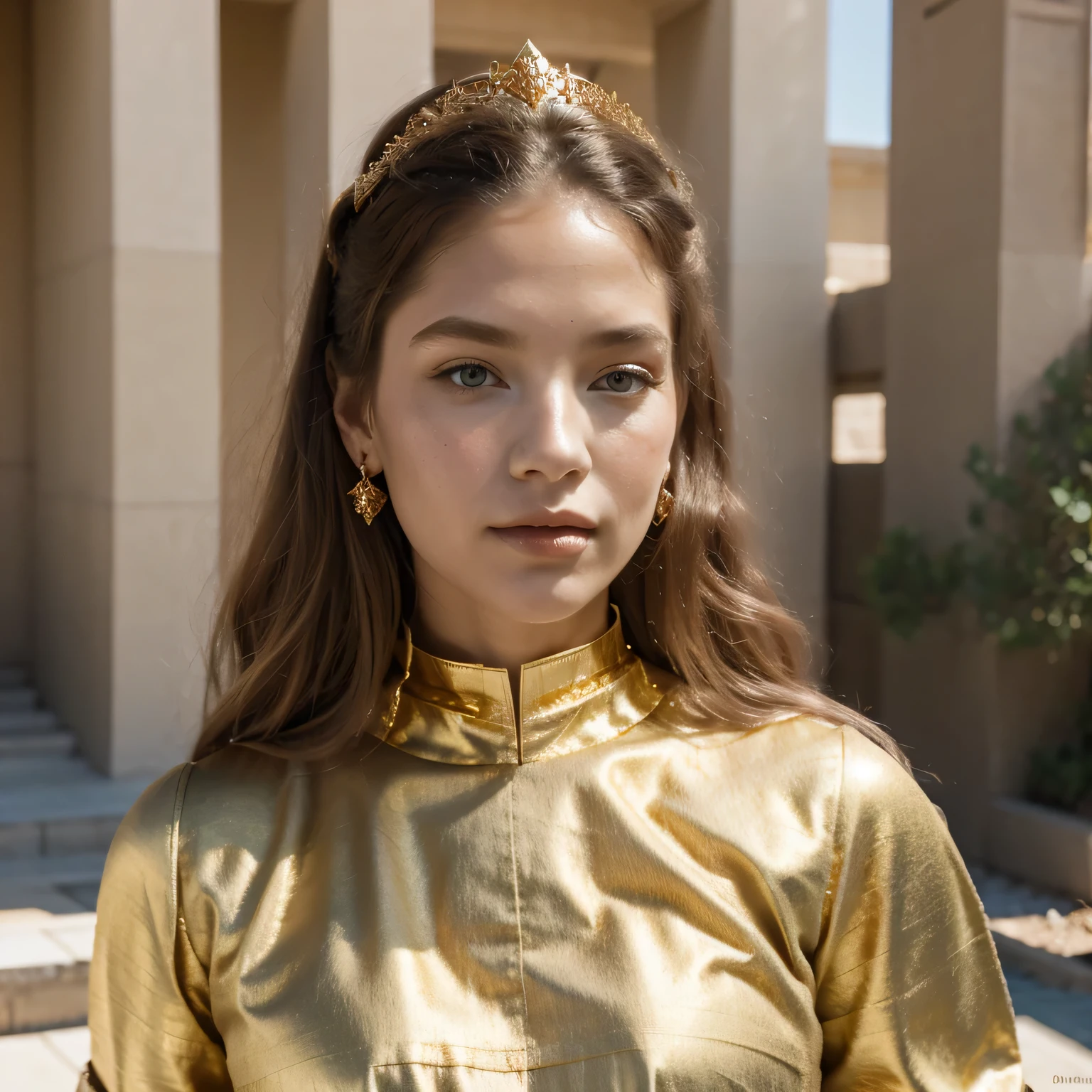 ((a beautiful fantasy empress)) (freckles:0.8)photo of a college student, in Desert Color Coarse Linen Pink,Desert Color Coarse Linen, (freckles:0.8) cute face, sci-fi, dystopian, detailed eyes, Heterochromia eyes((Side view))(Lunar soil)((Gold silk armor))