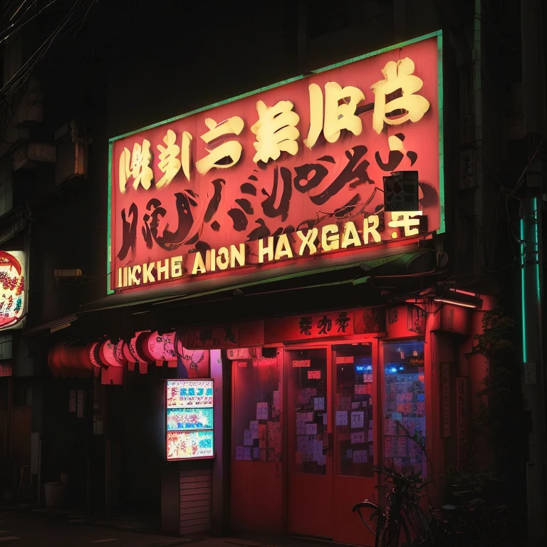 A brightly lit sign of a Japanese adult shop tucked away in the city at night, japanese neon signs, Shady Night Realism, Some have neon signs, Intense neon lights, Harsh neon lighting, at night, With neon sign, neon tokyo, inspired by Shunbaisai Hokuei, A photo of a Japanese downtown area in the 1980s, Akihabara Cafe in Japan, Neon Shop,