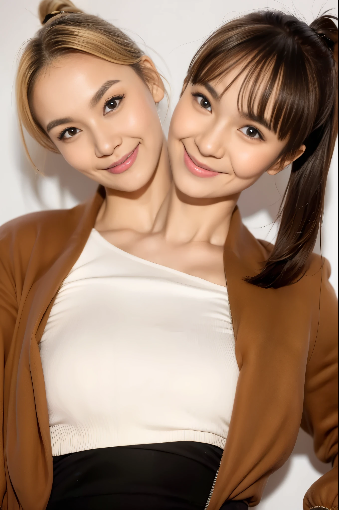 best resolution, 2heads,  half-body shot, korean woman with two heads , brown hair, blonde,  pixie cut and ponytail,  different faces, varsity jacket, stage background