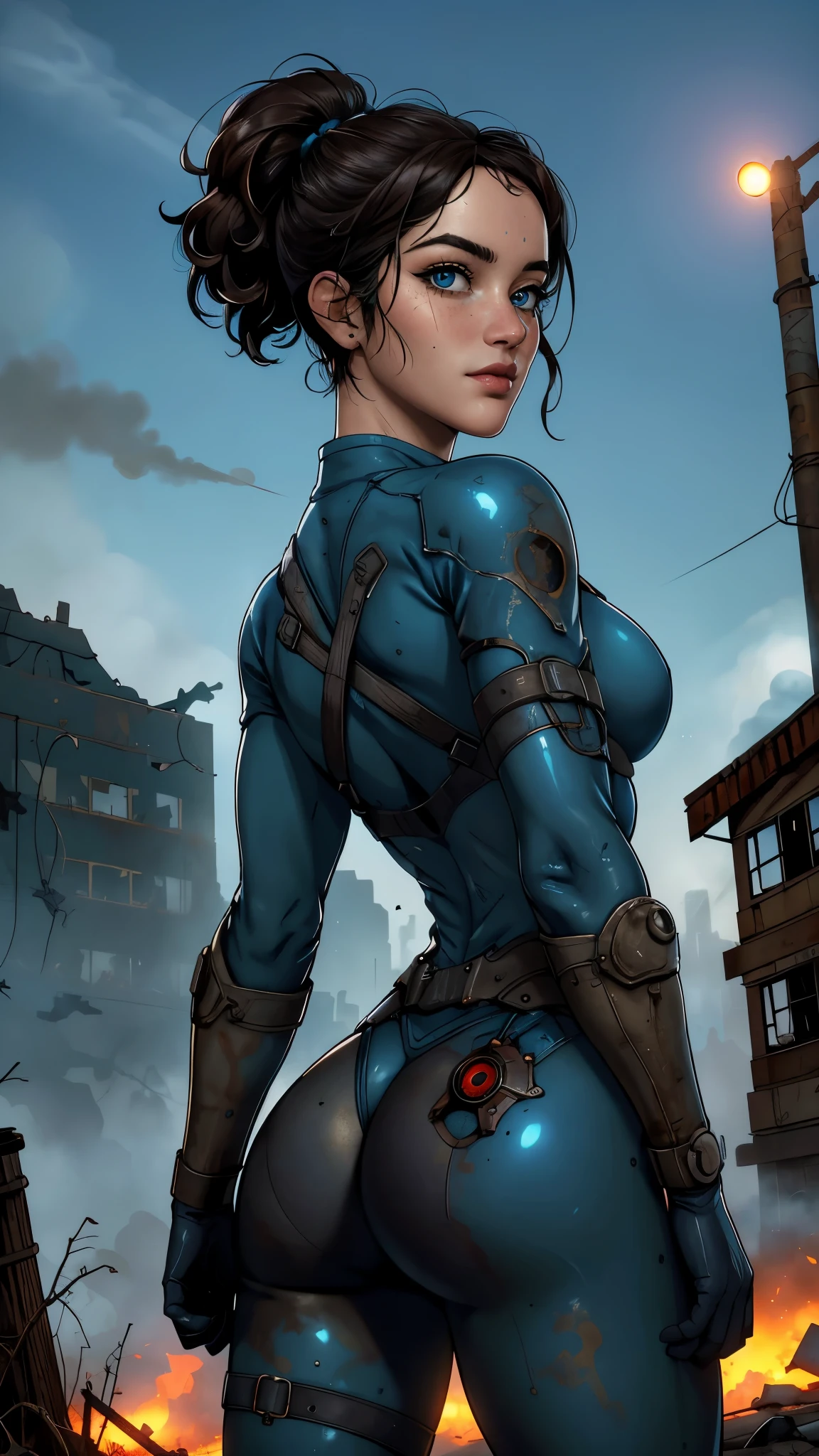 (La mejor calidad,A high resolution,Ultra - detallado,actual),Ella Purnell con (cabello negro corto) , (Blue tight latex suit Fallout 4) , ,(Fondo de ruinas de mazmorra en ruinas radiactivo :1.4 ), More detailed 8K.motor irreal:1.4,UHD,La mejor calidad:1.4, fotorrealista:1.4, textura de la piel:1.4, obra maestra:1.8,obra-prima, mejor calidad,objeto Objeto], (detailed face features:1.3),(Las proporciones correctas),(Ojos hermosos azules:1.4 ),  (pose vaquero), (Ella Purnell:1.4), (Ella Purnell V2.1), (Fallout serie :1.4),( estilo de Fallout serie), (Obra maestra: 1.4), (8K, realista, foto cruda, La mejor calidad: 1.4),(Cinematic V2.1), (Detalles de la cara: 1.5, hermoso rostro, Contorno del iris, labios delgados: 1.5, Thin, sharp pale eyebrows, Long, dark eyelashes, double tabs),(Fallout 4:1.4), (dynamic pose), score_9, score_8_up, score_7_up, score_6_up, rating_explicit, 1girl, ((18YO:1.2)), Adult, full lips, big clear eyes, light blue eyes, (dynamic pose), (rear view, backside view),