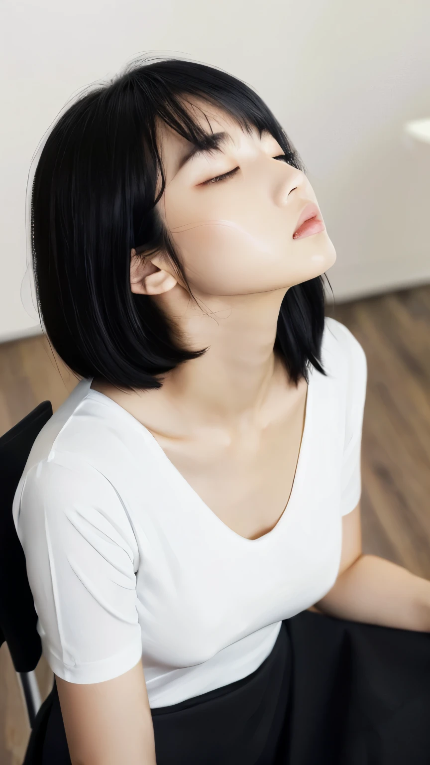 High resolution、Photorealistic、Hyperrealism、(From above)、Slender body、Realistic、Beautiful Japanese Women、Black-haired、Lots of Bangedium Bobs、Detailed face、Detailed lips、Beautiful Eyes、Glowing Skin、one person、Ideal beauty、(Big Breasts)、((((White lightweight V-neck T-shirt、Black pencil skirt))))、((((Sit on a chair、look up、Close ~ eyes、sleep、Unconscious))))