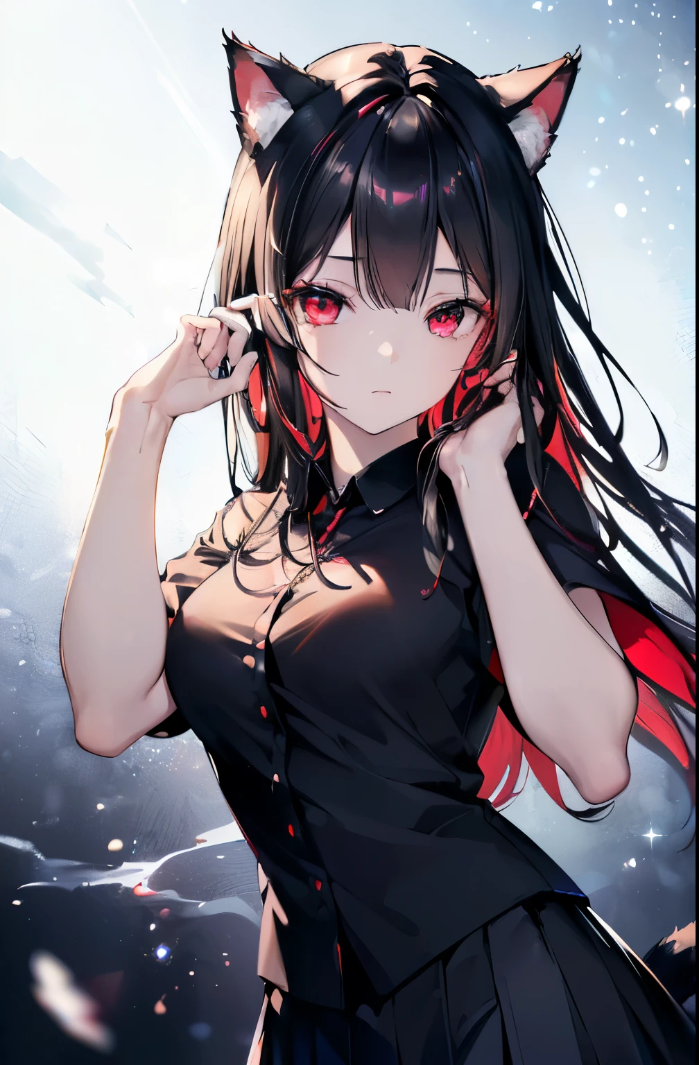 (Cat girl), (smoking), cat ears, black hair, business casual attire, cool, red dress shirt, pretty red eyes, cat tail, ((Crimson Red Eyes eyes: 1.3, Upturned Eyes: 1, Perfect Eyes, Beautiful Detailed Eyes, Gradient eyes: 1, Finely Detailed Beautiful Eyes: 1, Symmetrical Eyes: 1, Big Highlight On Eyes: 1.2)), (((Lustrous Skin: 1.5, Bright Skin: 1.5, Skin Fair, Shiny Skin, Very Shiny Skin, Shiny Body, Plastic Glitter Skin, Exaggerated Shiny Skin, Illuminated Skin))), (Detailed Body, (Detailed Face)), (((Skirt))), High Resolution, Sharp Focus, Ultra Detailed, Extremely Detailed, Extremely High Quality Artwork, (Realistic, Photorealistic: 1.37), 8k_Wallpaper, (Extremely Detailed CG 8k), (Very Fine 8K CG), ((Hyper Super Ultra Detailed Perfect Piece)), (((Flawless masterpiece))), Illustration, Vibrant Colors, (Intricate), High Contrast, Selective Lighting, Double Exposure, HDR (High Dynamic Range), Post-processing, Background Blur