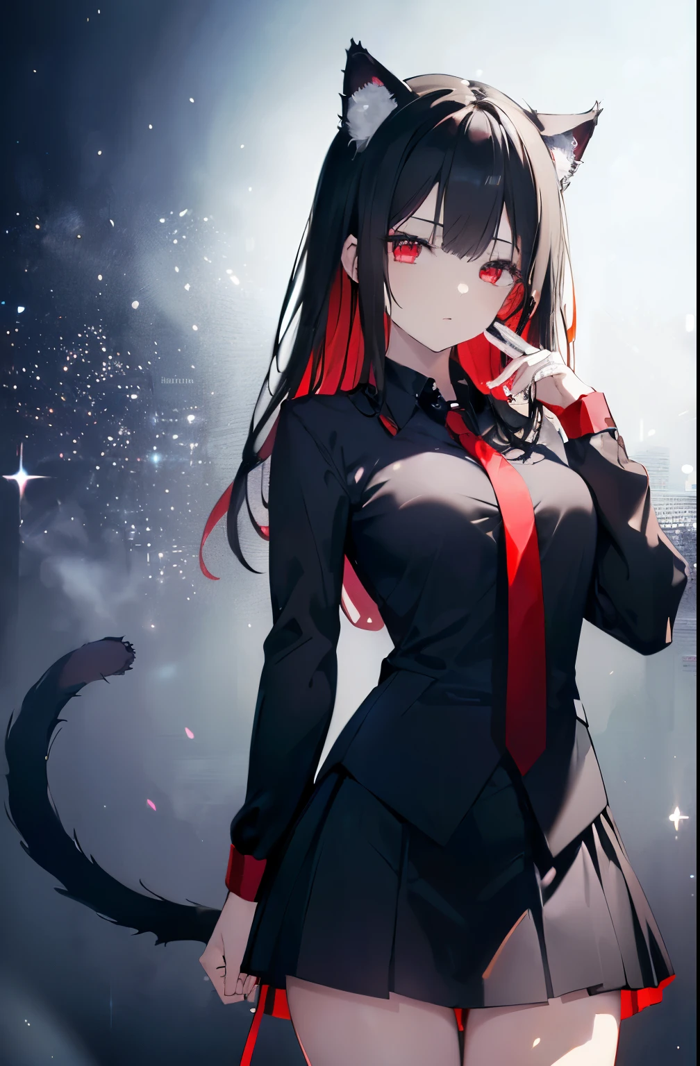 (Cat girl), (smoking), cat ears, black hair, business casual attire, cool, red dress shirt, pretty red eyes, cat tail, ((Crimson Red Eyes eyes: 1.3, Upturned Eyes: 1, Perfect Eyes, Beautiful Detailed Eyes, Gradient eyes: 1, Finely Detailed Beautiful Eyes: 1, Symmetrical Eyes: 1, Big Highlight On Eyes: 1.2)), (((Lustrous Skin: 1.5, Bright Skin: 1.5, Skin Fair, Shiny Skin, Very Shiny Skin, Shiny Body, Plastic Glitter Skin, Exaggerated Shiny Skin, Illuminated Skin))), (Detailed Body, (Detailed Face)), (((Skirt))), High Resolution, Sharp Focus, Ultra Detailed, Extremely Detailed, Extremely High Quality Artwork, (Realistic, Photorealistic: 1.37), 8k_Wallpaper, (Extremely Detailed CG 8k), (Very Fine 8K CG), ((Hyper Super Ultra Detailed Perfect Piece)), (((Flawless masterpiece))), Illustration, Vibrant Colors, (Intricate), High Contrast, Selective Lighting, Double Exposure, HDR (High Dynamic Range), Post-processing, Background Blur