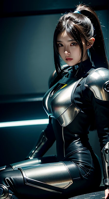 woman in futuristic suit sitting on motorbike, cyberpunk art, fantasy art, perfect android girl, girl in mecha cyber armor, cute girl, android heroine, wearing armor Sci-fi military, bright lighting, shiny metallic armor, extremely detailed mechanical backdrops