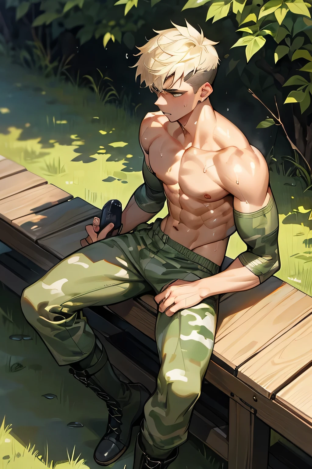 a shirtless 19-year old handsome caucasian male in faded haircut, camouflage pants, camouflage boots, cute, handsome face, six-pack abs, beautiful body, well-defined body, sweating profusely, dripping with sweat, drenched with sweat, exhausted, shirtless, sitting on the bench