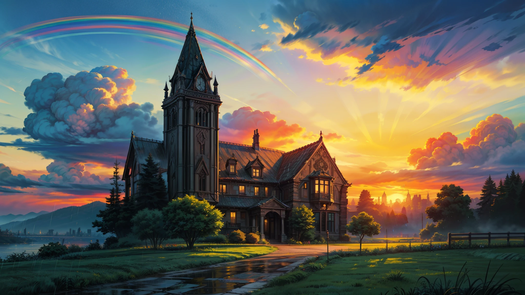 (((melhor qualidade))),(((ultra detalhado))),(((obra de arte))),(obra de arte), (melhor qualidade), (altamente detalhado), (ultra-detalhado) (pastel style) (anime detail) , Imagine a magnificent mansion nestled amidst a picturesque landscape, its grandeur accentuated by the dramatic interplay of weather elements. Above, ominous clouds gather, casting a somber hue over the scene, while beneath them, the stately mansion stands resilient, its elegance undiminished by the inclement weather. Despite the darkening skies, hints of golden sunlight pierce through the clouds, painting the horizon with the promise of a radiant sunset. And amidst the rain, a vibrant rainbow emerges, a stunning contrast to the stormy backdrop, adding a touch of ethereal beauty to the landscape."