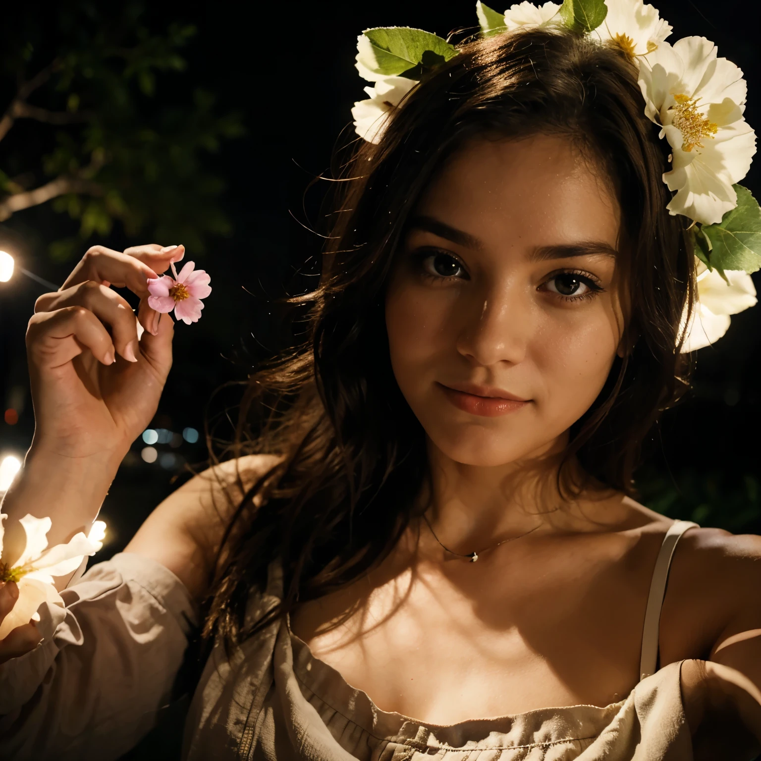 Selfie of female hand holding a flower at night