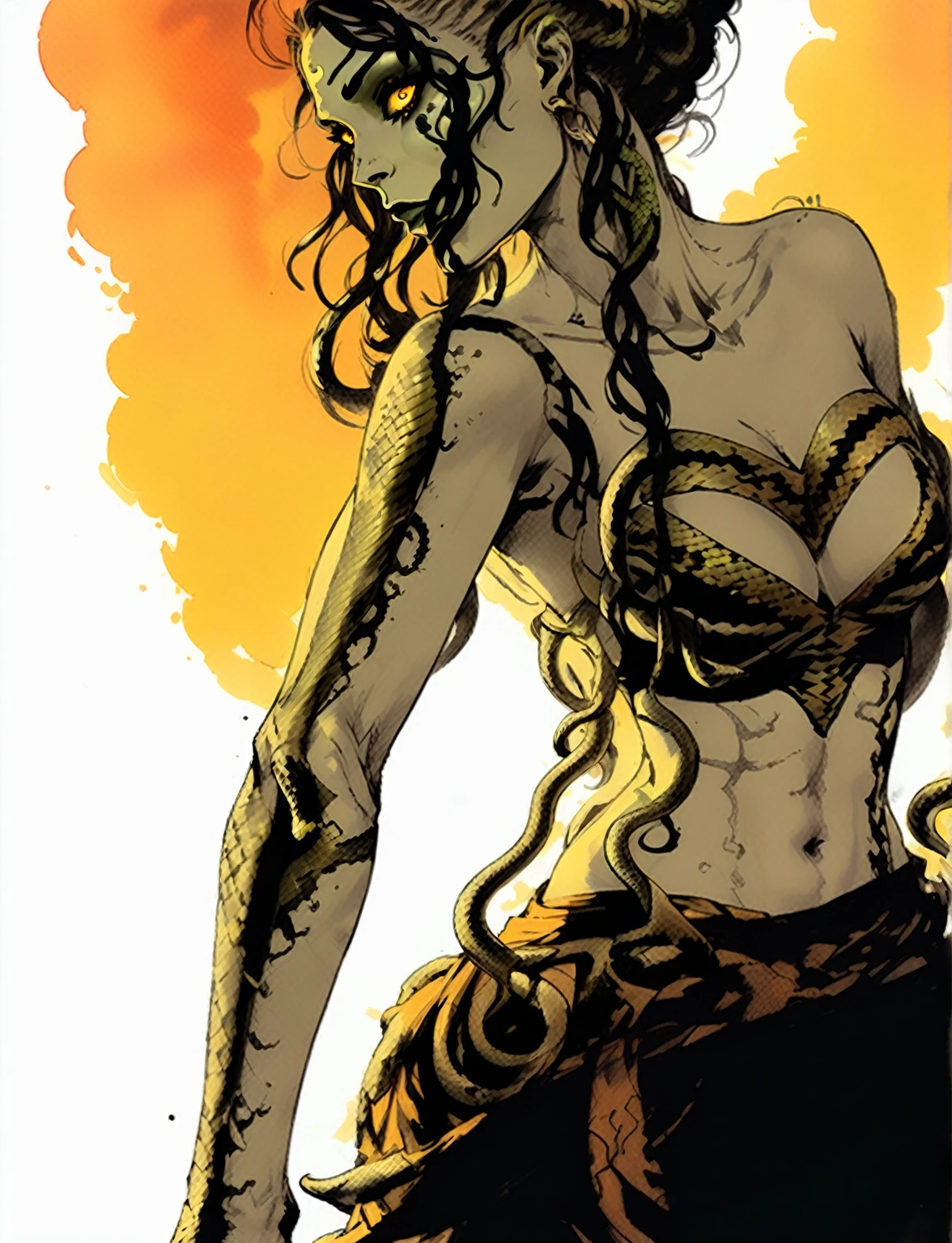 Medusa, splash page decompressed comic cover art, ink style figure,((expressive Joelle Jones and "Sean Gordon Murphy" comic drawing)), wordless, cinematic poster, double exposure, optical illusion, image within image, abyss void black no visibility darkness, full length portrait, (background, pine barrens, entropy, rewilding, magic hour sunset, galaxy stars, cosmos), (horror, abstract, surreal, body, cosmic), candid, snake skin dress, morphology anatomy drawn Frederic Delavier musculature anatomical illustration, (face, ornate black metal corpse paint, resembles Grace Jones), (body, Naga, snakefolk, lower body snake tail, snake woman hybrid, bald, hairless, skeleton, snake skin tattoos, piercing eyes, snake pupils, over the shoulder), (colors, bleak muted deep fiery radiant glowing ROYGBIV, forest green, earth brown), craftsmanship nuance, (Gerardo Zaffino charcoal), subliminal orchids, nyctophobia, silhouette