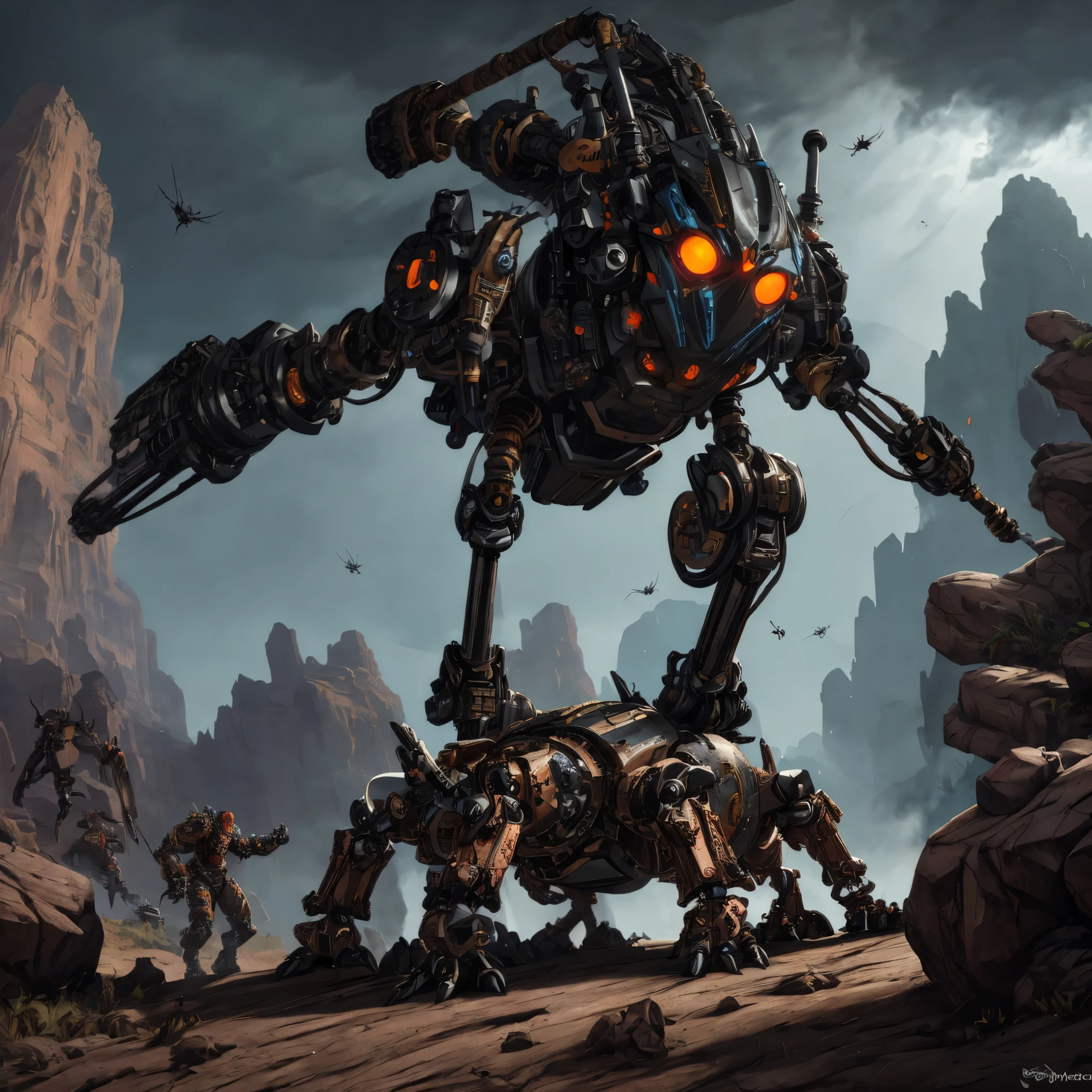 (a steam punk, robot, monster hunter),creepy spider scorpions,rocky canyon,Boris Valejo,illustration,high-res,(best quality,4k,8k,highres,masterpiece:1.2),detailed,grimy,machine-powered armor,battle,action-packed,fierce,dangerous,giant metal fists,glowing eyes,steampunk goggles,heavy artillery,mechanical limbs,sharp metallic edges,exhaust pipes,smoke,unique weaponry,leather straps,dusty atmosphere,mysterious mist,ominous shadows,artificial intelligence,advanced technology,extraordinary power,high contrast color scheme,underground lair,dystopian setting,post-apocalyptic world,intense battle scene,contrasting light sources,explosive action,impressive attention to detail,gritty texture,industrial elements,mechanical contraptions,iron chains,spider-like legs,creepy exoskeleton,monstrous creatures,pulsating venomous stingers,battle-scarred landscape,splintered rocks,jagged cliffs,uneven terrain,majestic sky,ominous dark clouds,dramatic lighting,masterful brushwork,splashes of vibrant color,dynamic composition,odyssey of human imagination,endless possibilities