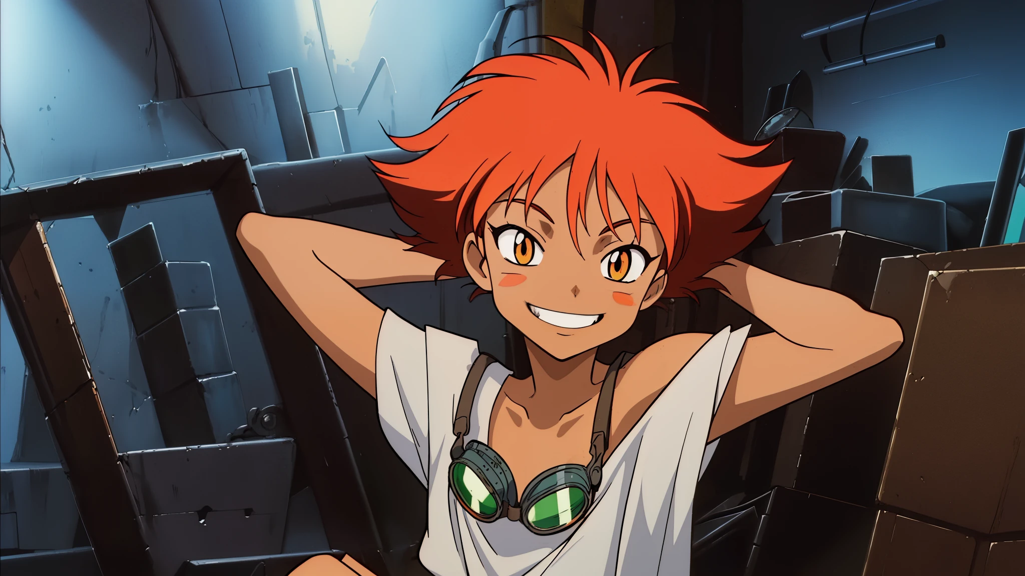 Edward,midriff,orange hair,white shirt,off shoulder,collarbone,tan skin, bike shorts,goggles on forehead, arms behind head, small breasts, cleavage, brown eyes, space station,engine room, upper body,sitting,smiling, (insanely detailed, beautiful detailed face, masterpiece, best quality),