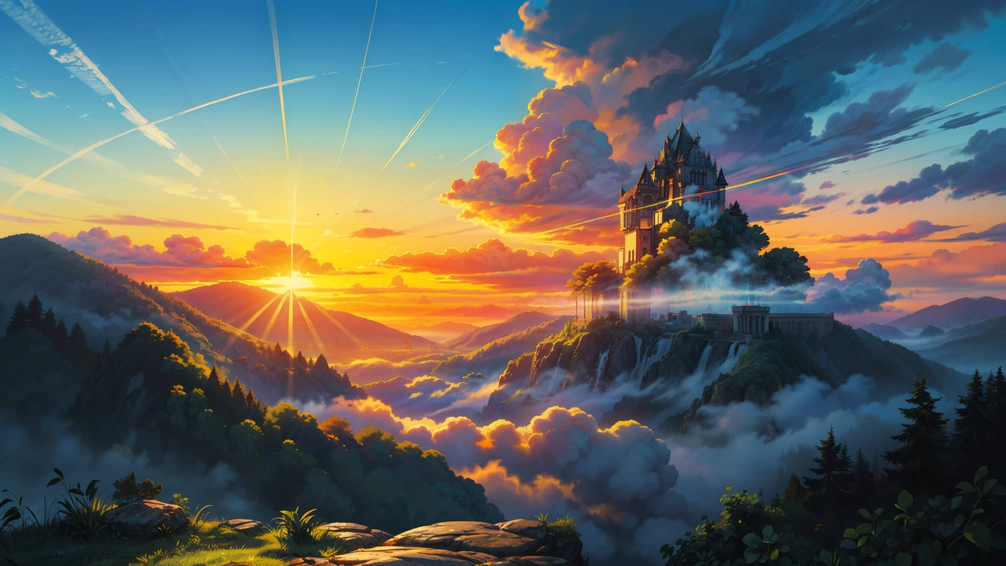 (((melhor qualidade))),(((ultra detalhado))),(((obra de arte))),(obra de arte), (melhor qualidade), (altamente detalhado), (ultra-detalhado) (pastel style) (anime detail) , Imagine a magnificent mansion nestled amidst a picturesque landscape, its grandeur accentuated by the dramatic interplay of weather elements. Above, ominous clouds gather, casting a somber hue over the scene, while beneath them, the stately mansion stands resilient, its elegance undiminished by the inclement weather. Despite the darkening skies, hints of golden sunlight pierce through the clouds, painting the horizon with the promise of a radiant sunset. And amidst the rain, a vibrant rainbow emerges, a stunning contrast to the stormy backdrop, adding a touch of ethereal beauty to the landscape."