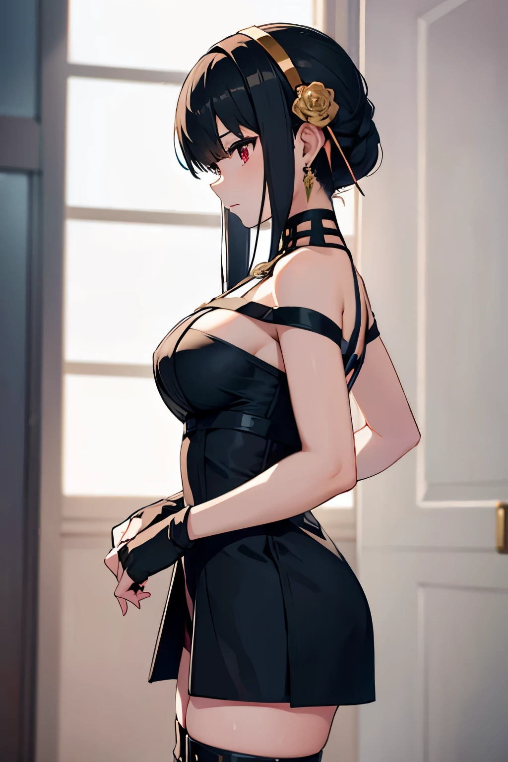 masterpiece, best quality, highres, aayorf, sidelocks, gold hairband, hair ornament, red eyes, gold earring, large breasts, choker, bare shoulders, black dress, two-sided dress, fingerless gloves, thigh boots, cowboy shot, standing, field, from side,