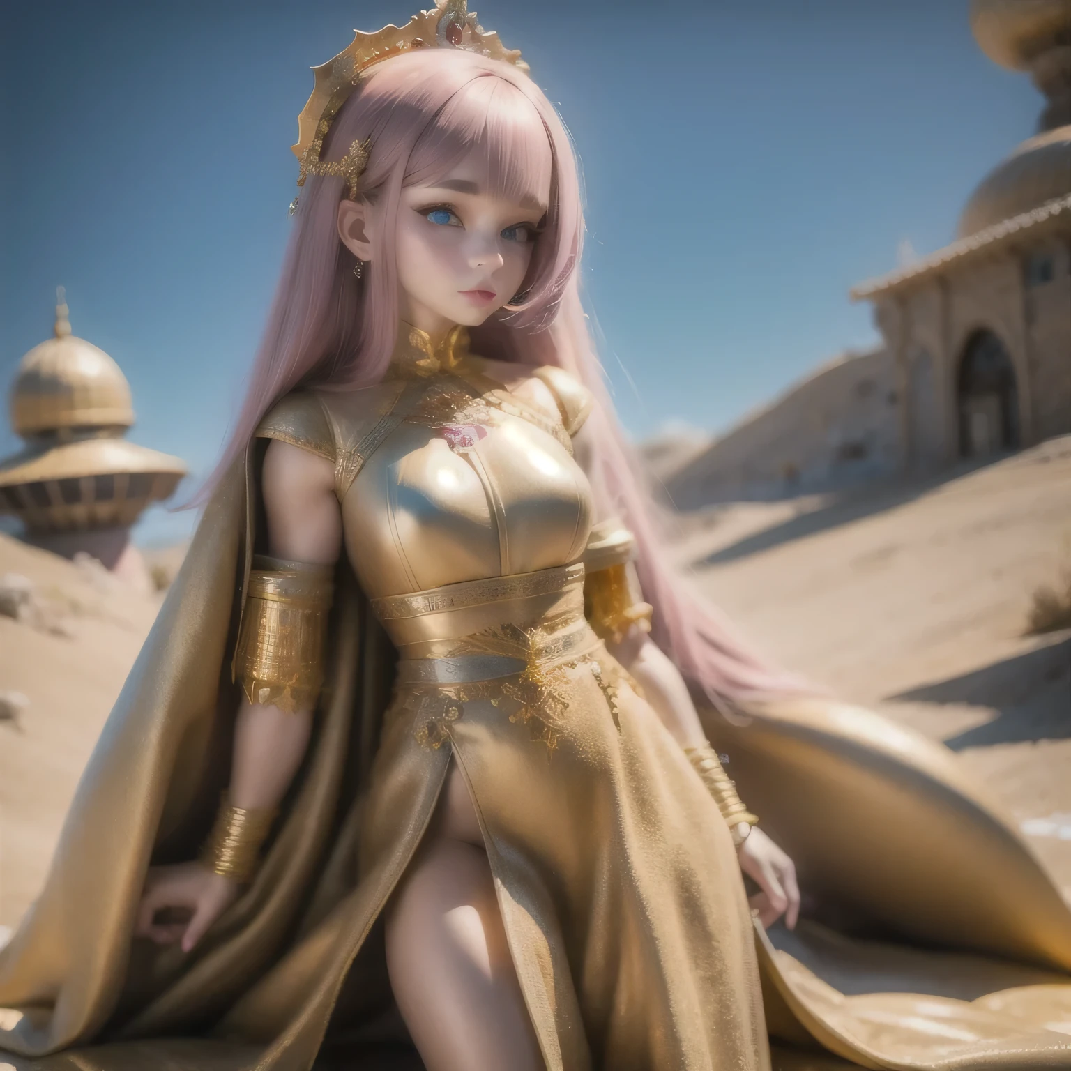 ((a beautiful fantasy empress)) (freckles:0.8)photo of a college student, in Desert Color Coarse Linen Pink,Desert Color Coarse Linen, (freckles:0.8) cute face, sci-fi, dystopian, detailed eyes, Heterochromia eyes((Side view))(Lunar soil)((Gold silk armor))