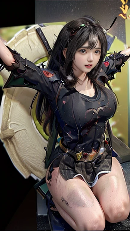 highest quality，masterpiece，Ultra-high resolution, Very detailed, 8k，(Beautiful woman)，(一人のBeautiful woman)，((Crucifixion:1.5))，(((cross)))，(execution)，((incontinence))，Scared，torture，slave，((crossにCrucifixionにされた女性：1.5)),Crucifixion刑，((Kamen Rider:1.4))，Female warrior uniform，White gloves，Female Rider，Large Breasts、((Torn costume：1.5))，((Tearing of clothes：1.5))，(Tattered clothes：1.5)，Beaten face，顔にTraces of being beaten，((Bruises on the body))，Body scars，Facial and body injuries，(Bruise, dirty, Torn clothes, Revealing clothing, Blood:1.3)，Traces of being beaten，Defeated heroine，A ruined world，Remains，ruins，(Burning at the stake)，((Roasted by fire：1.2))，Inflammation，(Inflammationに包まれている)，足下にInflammation，Browsing Caution