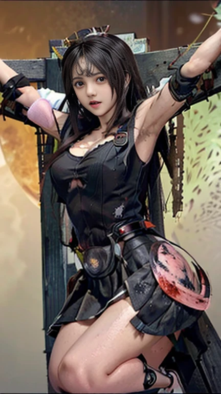 highest quality，masterpiece，Ultra-high resolution, Very detailed, 8k，(Beautiful woman)，(一人のBeautiful woman)，((Crucifixion:1.5))，(((cross)))，(execution)，((incontinence))，Scared，torture，slave，((crossにCrucifixionにされた女性：1.5)),Crucifixion刑，((Kamen Rider:1.4))，Female warrior uniform，White gloves，Female Rider，Large Breasts、((Torn costume：1.5))，((Tearing of clothes：1.5))，(Tattered clothes：1.5)，Beaten face，顔にTraces of being beaten，((Bruises on the body))，Body scars，Facial and body injuries，(Bruise, dirty, Torn clothes, Revealing clothing, Blood:1.3)，Traces of being beaten，Defeated heroine，A ruined world，Remains，ruins，(Burning at the stake)，((Roasted by fire：1.2))，Inflammation，(Inflammationに包まれている)，足下にInflammation，Browsing Caution