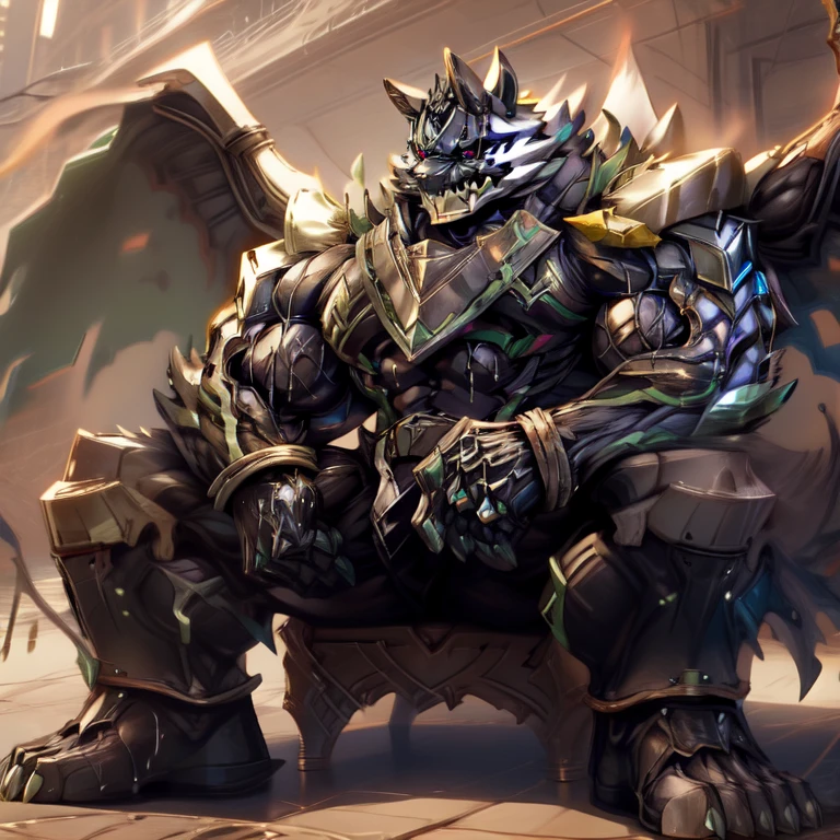 (monomasa),
nj5furry,
(masterpiece, best quality, detailed:1.2),
(solo),
(full body),
highly detailed, anime style, sharp shadows, shaded, soft lighting, (masterpiece:1.3),(best quality:1.4), (extreme detailed illustration), good anatomy, castle,
Heroic pose,
sitting on the throne,
(big muscle:1.1), (big pecs:1.1), (thick arms:1.1), (sweaty:1.2),
big muscle (pecs, triceps, traps) unusually developed muscular body, body full of huge muscles. showing off muscles, pectorales enormes. Exaggeratedly huge muscles.
The claws are sharp, Sharp teeth,
black bodysuit, (rubber material:1.2),
black metal armor,
Wearing full plate armor, Its full plate armor emphasizes the muscles. a knight's mechanical armor, glowing wide and heavy armor,
He wears a black cloak on his back. The cloak is so long that it touches the ground,
futuristic city, has 10 large wings. venom