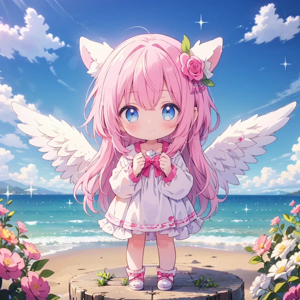 masterpiece、highest quality、Highest Resolution, 3D Rendering、The background is pink、From above at an angle、(Are standing:1.5)、Digital Art Style Baby Chibi, Big Head, ベビーPinkの髪，cute瞳，Adorable smile，Esbian all over、Pure、Pinkのロリータファッション、Spread the wings of love Cupid、Pink、Lovely、cute，Rosy Cheeks，Flowers sparkle，blue sky，Fantasy World，Depth of written boundary_shallow