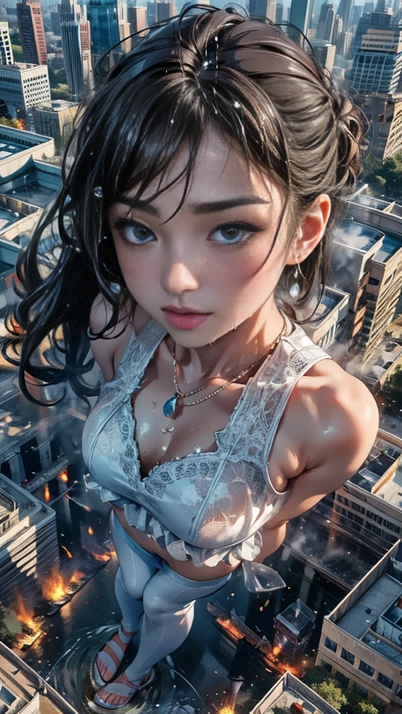 (Realistic:1.0, 16k, High resolution, highest quality, masterpiece, 超High resolution), (((Giantess Elements, Typhoon heavy rain))), From above, Perfect dynamic composition:1.2, (Modern city at night, Expressions of sadness:0.5), Highly detailed skin and facial textures:1.2, (Towering Giant Young Woman:1.0, taller than a skyscraper:1.0, 65,000 feet high:1.0, Incredibly slim body:1.0), Fair skin, Sexy beauty, Very beautiful face, , Water droplets on the skin, (The rain drips down on my body:0.5, Wet body:0.5, Wet Hair:0.5), (Wet white linen pants:1.0, Wet sleeveless blouse:1.0), Shapely breasts, Chest gap, Big eyes that exude beautiful eroticism, Lips that exude beautiful eroticism, necklace, Earrings, bracelet, wedding ring, Shoulder bag, clock, ribbon, Full body portrait, ((Destroy a small city, Burning small town, rubble, Destroyed small building, Collapsed highway, Evacuated Residents)), (Major impact, Emphasizing the majesty and power of giants, Increase the destructive element, Lower the building, Making cities smaller)