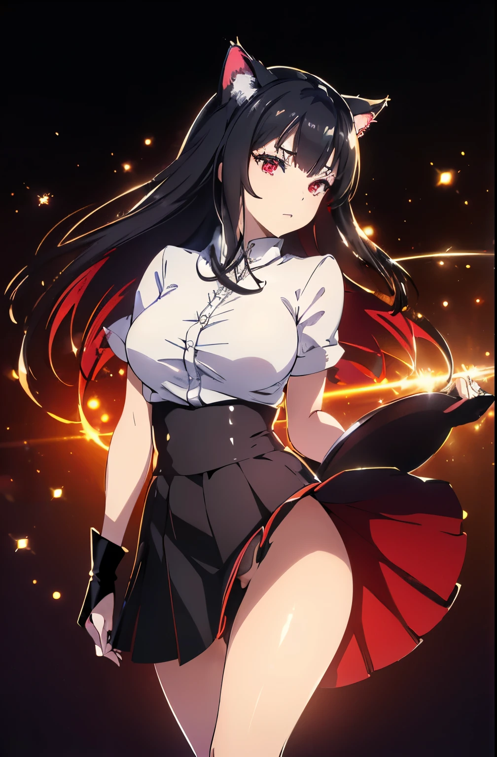 (Cat girl), (smoking), cat ears, black hair, business casual attire, cool, red dress shirt, pretty red eyes, cat tail, ((Crimson Red Eyes eyes: 1.3, Upturned Eyes: 1, Perfect Eyes, Beautiful Detailed Eyes, Gradient eyes: 1, Finely Detailed Beautiful Eyes: 1, Symmetrical Eyes: 1, Big Highlight On Eyes: 1.2)), (((Lustrous Skin: 1.5, Bright Skin: 1.5, Skin Fair, Shiny Skin, Very Shiny Skin, Shiny Body, Plastic Glitter Skin, Exaggerated Shiny Skin, Illuminated Skin))), (Detailed Body, (Detailed Face)), (((Skirt))), High Resolution, Sharp Focus, Ultra Detailed, Extremely Detailed, Extremely High Quality Artwork, (Realistic, Photorealistic: 1.37), 8k_Wallpaper, (Extremely Detailed CG 8k), (Very Fine 8K CG), ((Hyper Super Ultra Detailed Perfect Piece)), (((Flawless masterpiece))), Illustration, Vibrant Colors, (Intricate), High Contrast, Selective Lighting, Double Exposure, HDR (High Dynamic Range), Post-processing, Background Blur