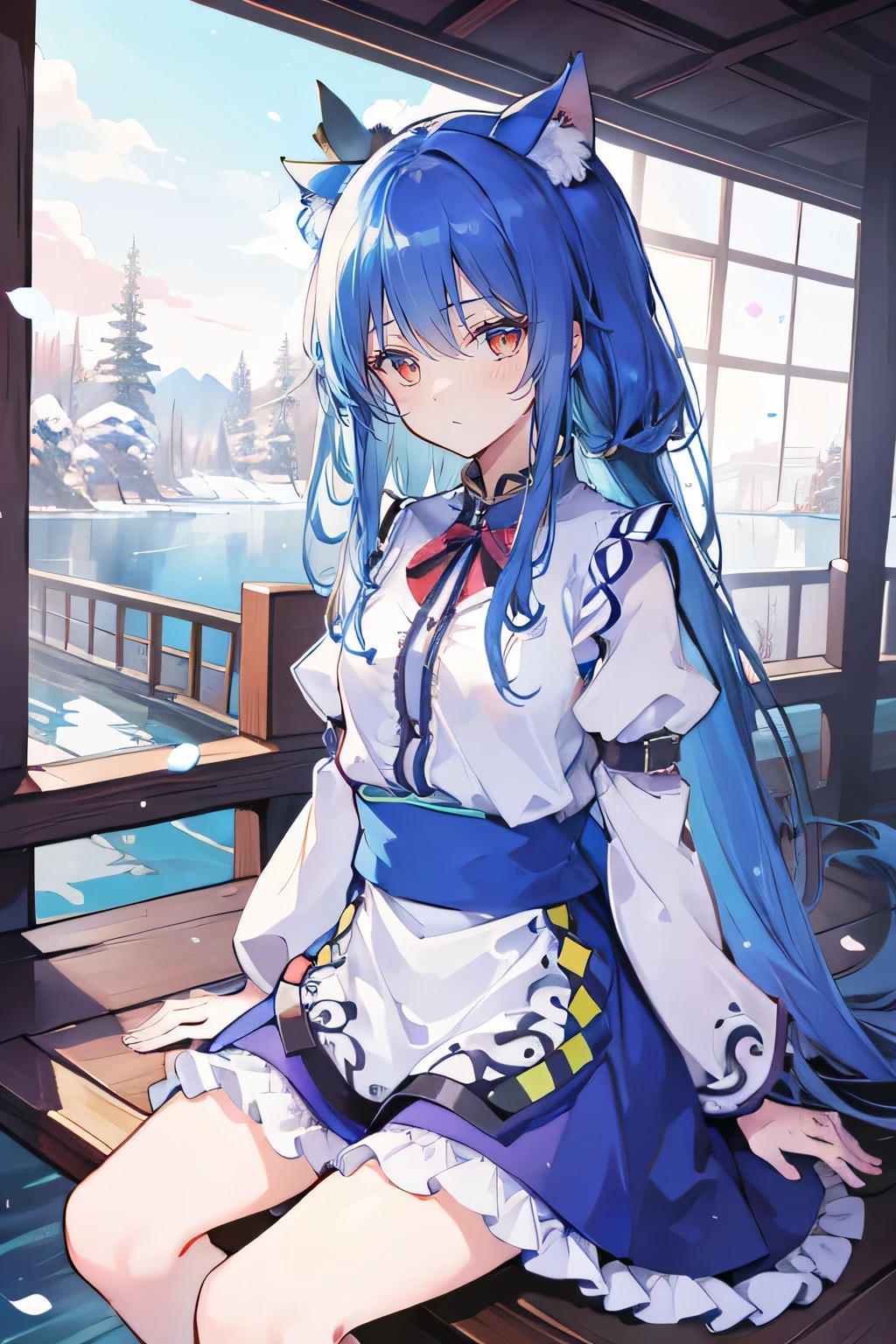 (best quality,4k,8k,highres,masterpiece:1.2),ultra-detailed,realistic,expressive eyes, fair-skinned, perfectly shaped face, 1girl, Japanese cartoons, Gorgeous blue hair, flowing blue hair, floating clothes, cat ears, petals falling, beautiful Lola, Hina Angel, hands on waist, gracefully sitting on the ground, legs crossed, gentle and serene background, cool and comfortable pavilion, snowing, winter.