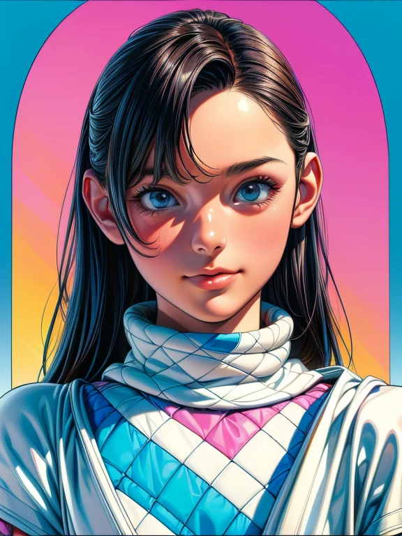 (best quality,4k,8k,highres,masterpiece:1.2),ultra-detailed,(realistic,photorealistic,photo-realistic:1.37),vibrant, warm quilt-wrapped,close-up pro portrait of a young woman,cel-shading,bold outlines,flat colors,sharp shadows,graphic style,(manga-inspired:1.3),clean line art,impressive visuals,comic